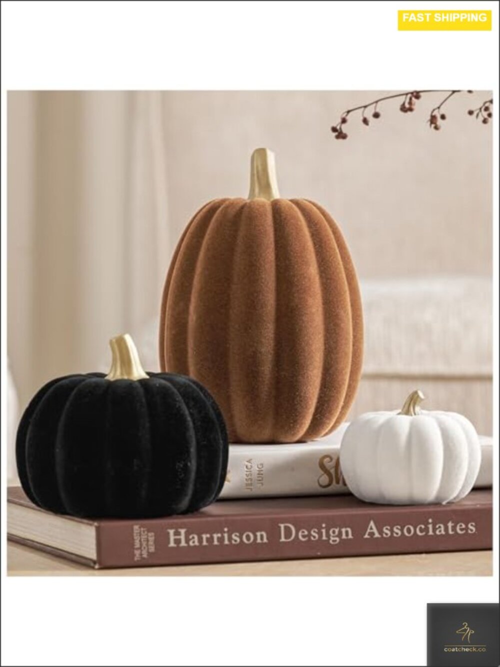 3 Piece Fall Pumpkin Decor Set Resin Flocked Velvet Finish Stackable Pumpkins